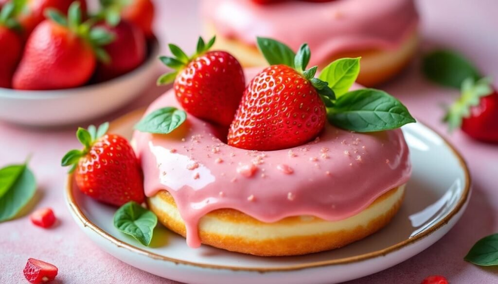 Savourez des donuts moelleux à la fraise et basilic, alliant douceur fruitée et parfum délicat pour une pause gourmande originale et raffinée.