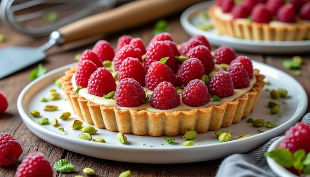 Découvrez la recette facile de la tarte délice framboise et pistache : une pâtisserie gourmande, fruitée et croquante, idéale pour régaler vos proches lors du dessert !