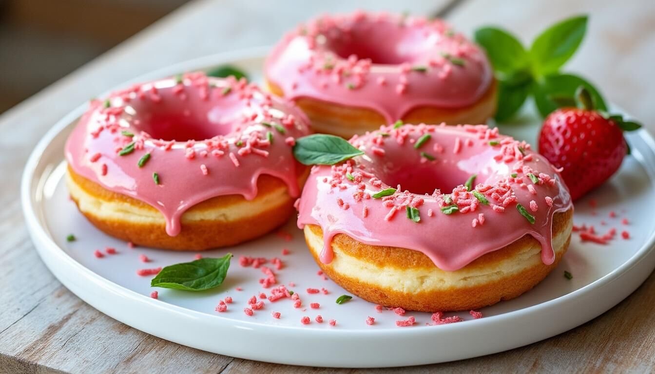 Découvrez nos donuts moelleux à la fraise et basilic, un mariage surprenant de douceur fruitée et de fraîcheur aromatique, parfait pour une pause gourmande originale.