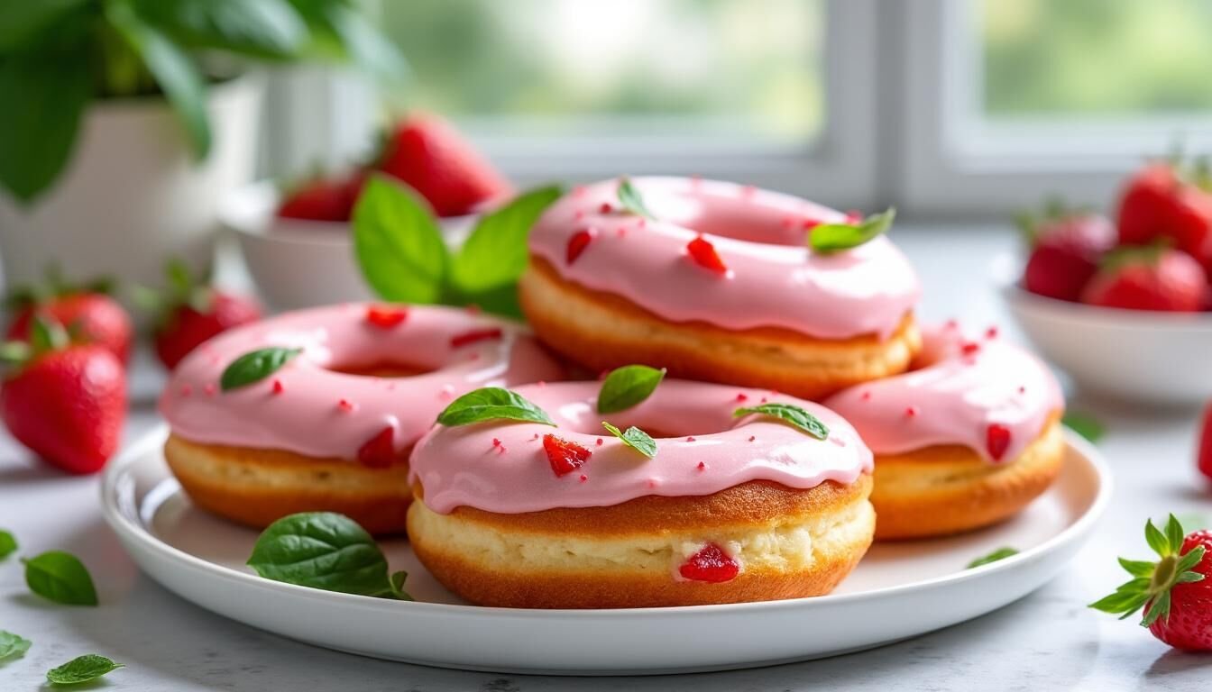 Découvrez notre recette gourmande de donuts moelleux à la fraise et basilic : une alliance originale de douceur fruitée et de fraîcheur herbacée, pour un dessert irrésistible et surprenant. À savourer lors d'une pause sucrée !