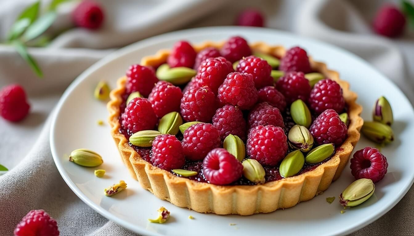 Découvrez la recette facile de la tarte délice framboise et pistache : une alliance gourmande de fruits acidulés et de douceur croquante. Parfaite pour un dessert frais et raffiné !