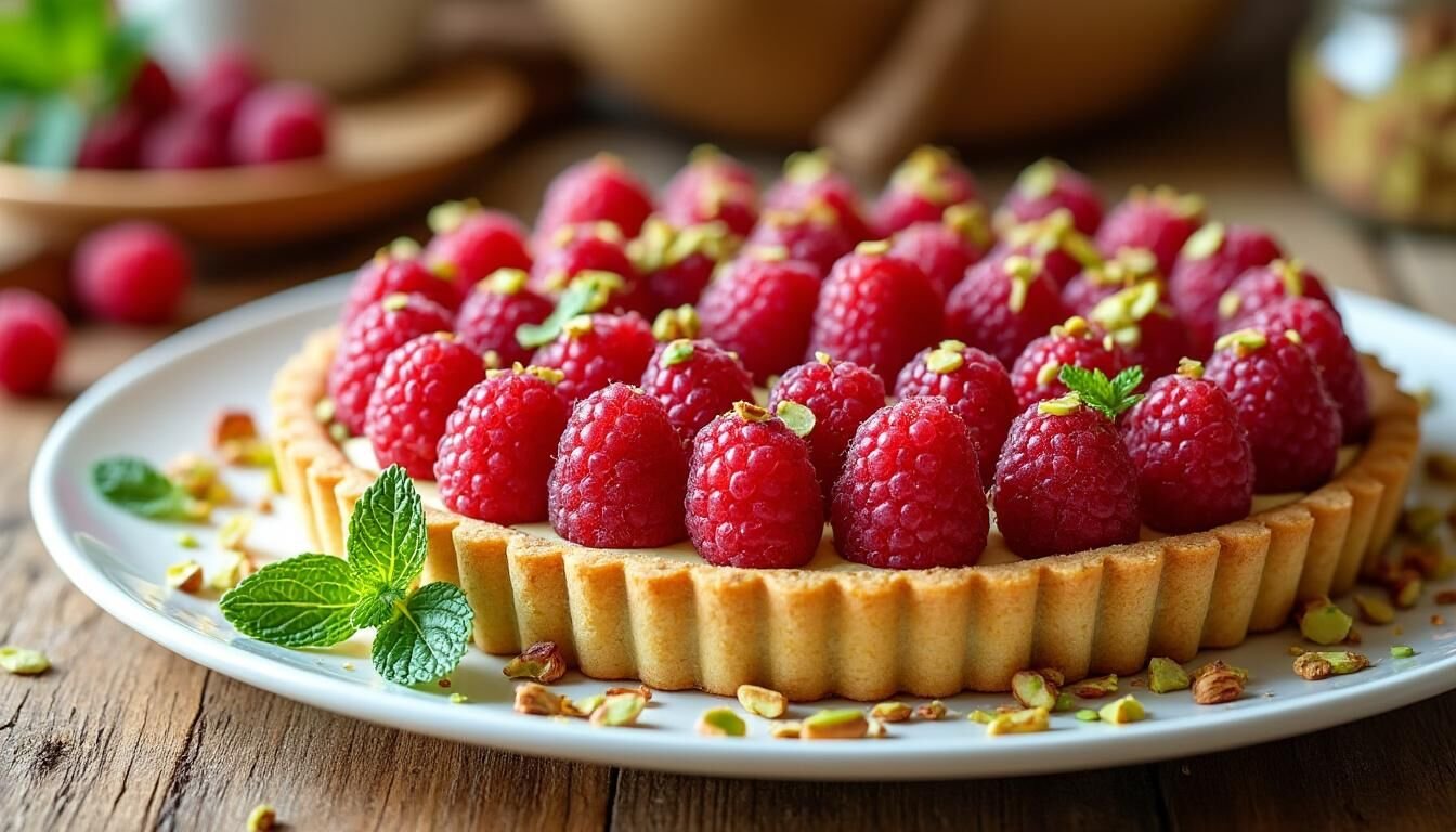 Découvrez notre recette facile de tarte délice framboise et pistache : une alliance gourmande de saveurs fruitées et croquantes, idéale pour un dessert raffiné et rapide à préparer.